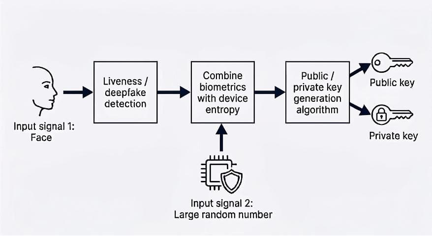 High-level BKEY flow: a face input passes through liveness and deepfake detection, is combined with device entropy from a large random number, then fed into a public/private key generation algorithm to produce a key pair.